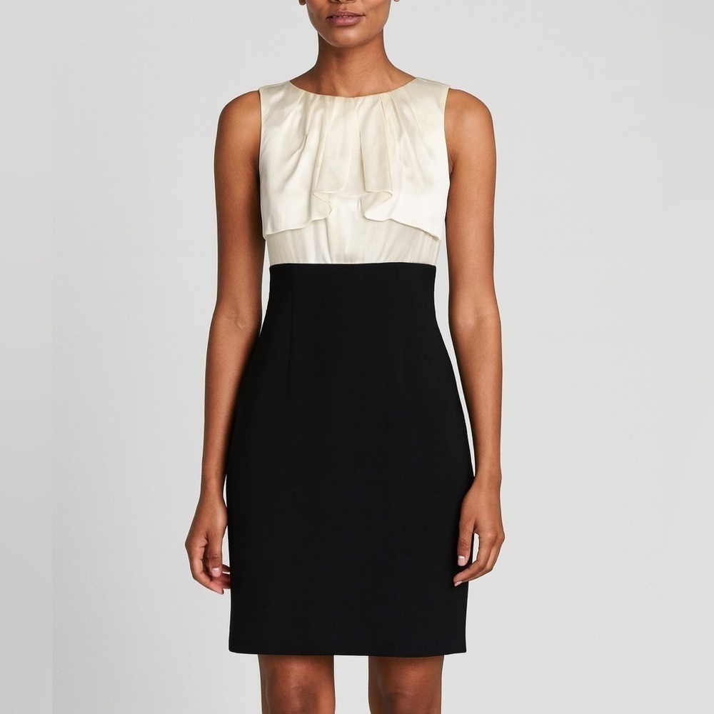 BCBG Maxazria Satin Silk Ivory Ruffle Bust Straight Shift Black Dress Size 0